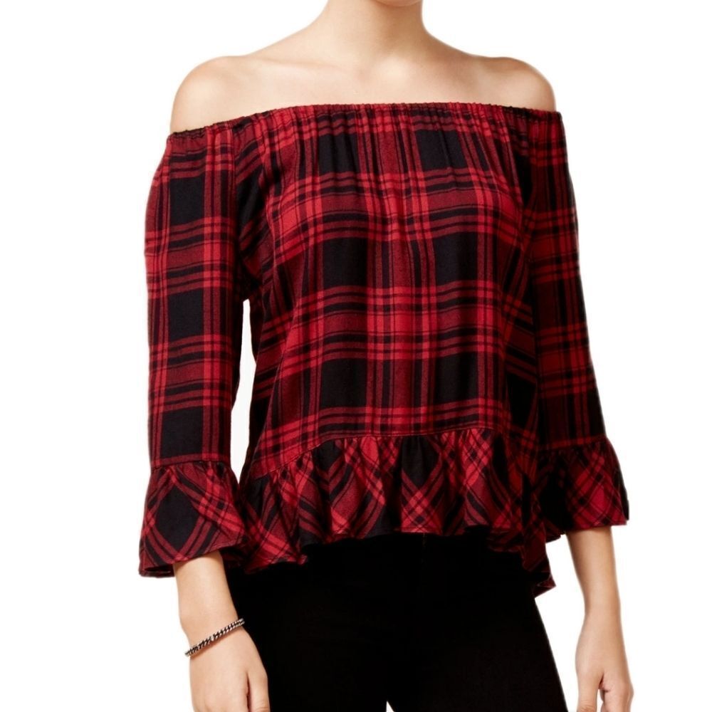 Sanctuary| Anthropologie  Red and Black Plaid Off-Shoulder Top Size S